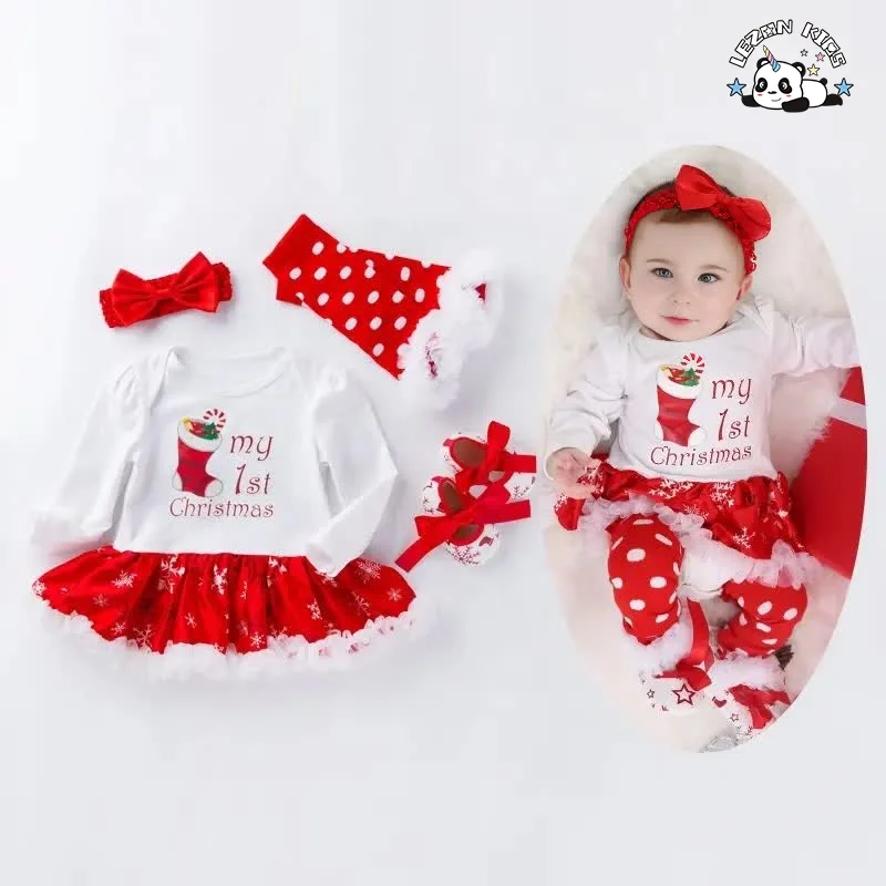 LEZONKIDS - Conjunto de Vestido de Natal de Inverno Personalizado para Bebê Menina Manga Longa Cartoon Vestido 4 Peças Conjunto de Sapatos Meias para Roupas de Bebê Menina